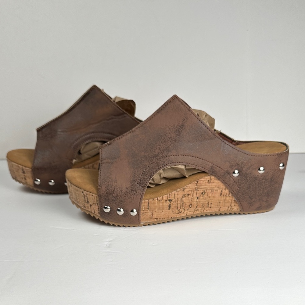 Brown Cork Wedge Mule Slides Womens Studded Slip On Sandals Casual Boho